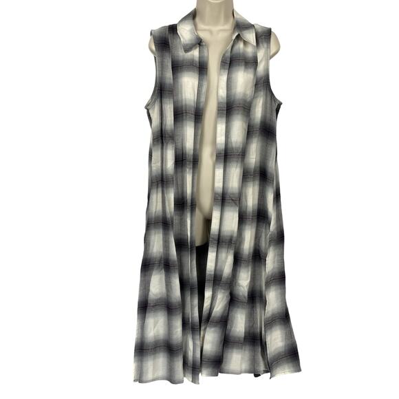 Cato Cardigan Flannel Top Womens Large Gray Plaid Sleeveless Long Duster Logger - Picture 1 of 11